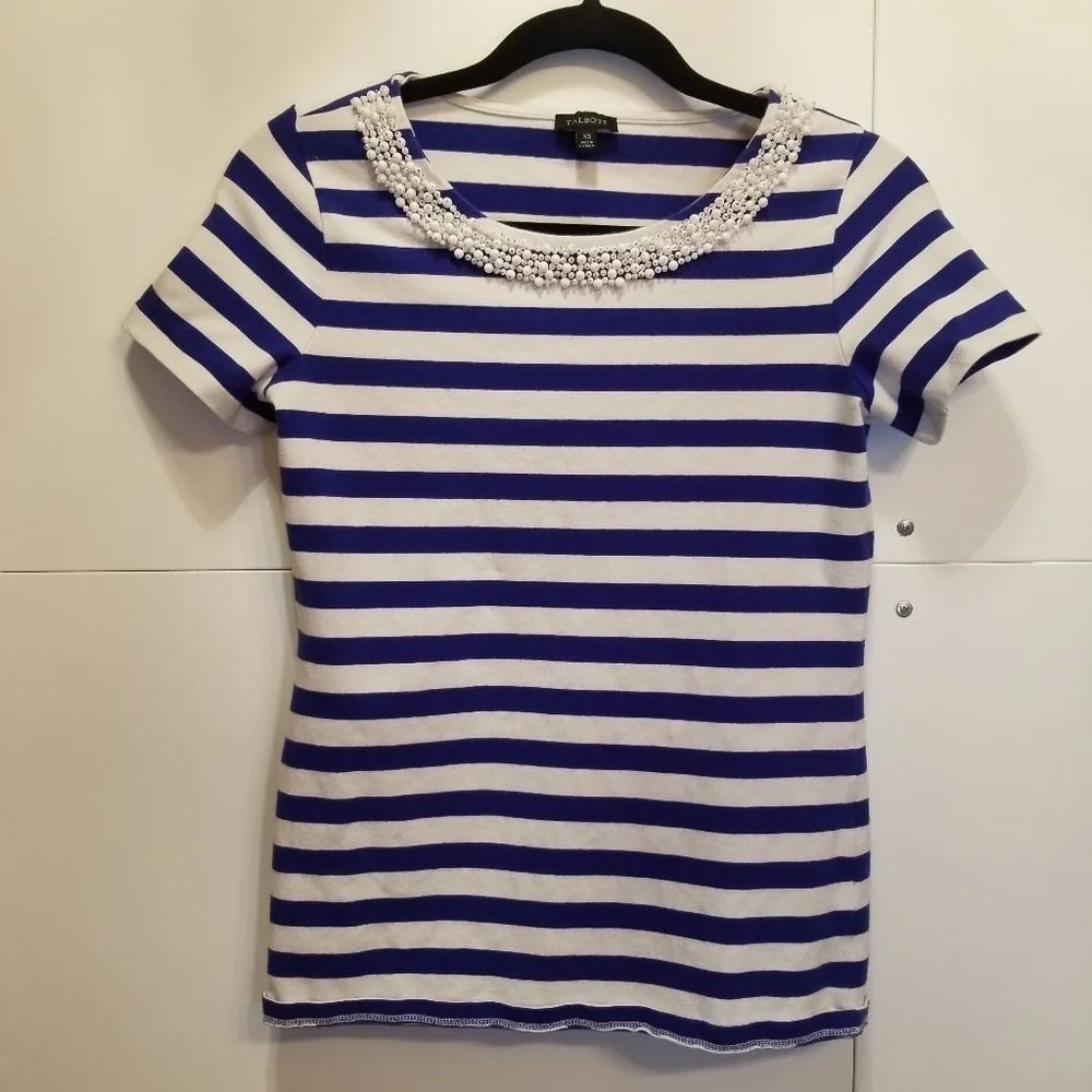 Talbots Blue White Nautical Striped Pearl Beaded Top XS - Picture 2 of 10